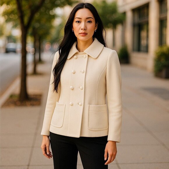 J.Crew Wool-Blend Ivory Double-Breasted Peacoat With Front Pockets - Picture 1 of 8
